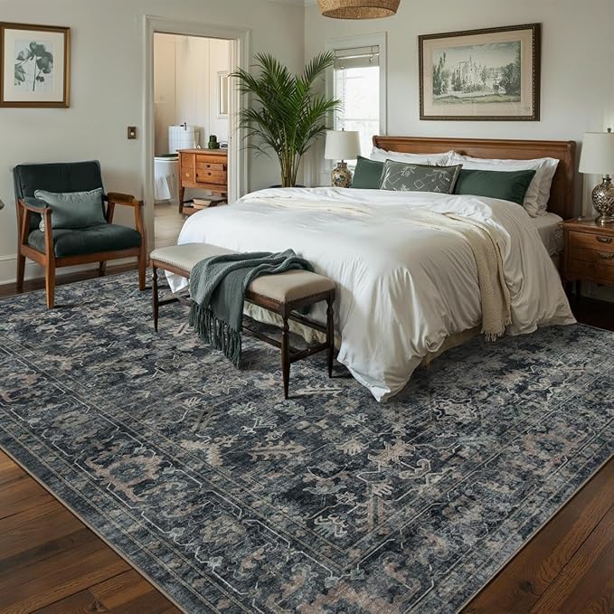 Rugxara 8x10 Area Rugs for Living Room Bedroom, Large Washable Rug, Blue Vintage Retro Boho Rug, Non Slip & Low Pile Faux Wool Thin Carpet for Indoor Dining Room and Kids Room(Blue 8x10ft)