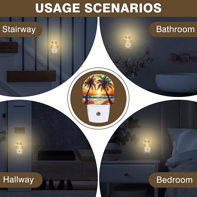 Night Lights Plug into Wall Beach Sunset with Palm Trees Night Light Dusk to Dawn Smart Sensor Decorative Round Led Lamp for Bedroom Kitchen Hallway Nightlight for Women Men