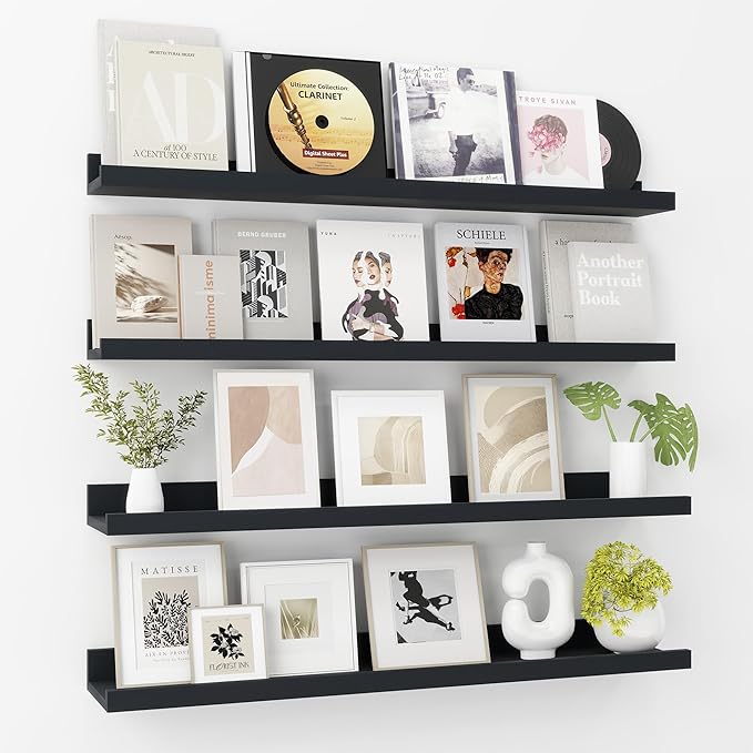 Axeman 30 Inch Black Floating Shelves | Picture Ledge Shelf Set of 4 | Rustic Wood Wall Shelves with Lip | 30" Black Picture Shelf for Wall with Ledge | Photo Shelves