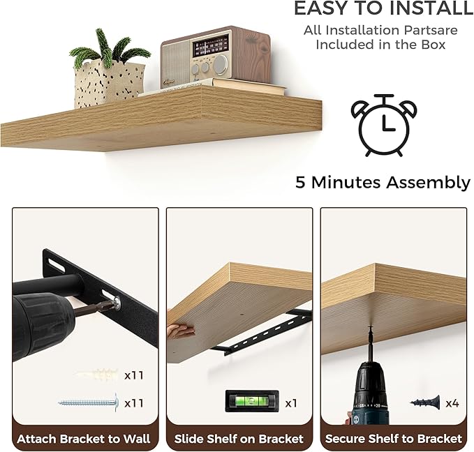 Venusmiles Floating Shelves for Wall, Engineered Wood Wall Shelves with Invisible Brackets for Living Room Bedroom Bathroom Office Kitchen Decor and Storage (Oak, 55" W x 9" D x 1.5" H) Set of 1