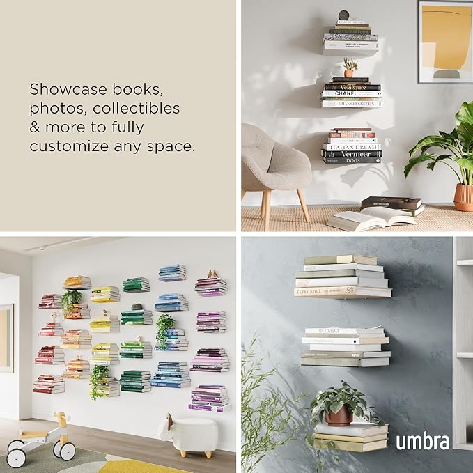 Umbra Conceal, Sturdy Metal Floating Bookshelf for Wall, Silver, Large, Set of 3