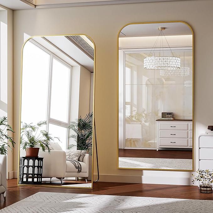 Full Length Mirror 76"x34" Arched Floor Standing Large Mirrors Full Body Mirror with Stand - with Aluminum Frame for Bedroom Living Room, Gold