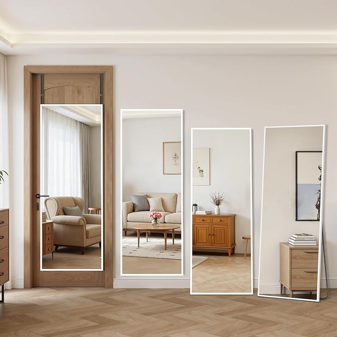 Antok Over The Door Mirror Full Length, 49'' x 14''Wall Mounted Hanging Mirror, Aluminum Alloy Frame, Shatterproof Glass, No Drill Installation for Bedroom, Closet, Bathroom, Dorm, Rect Corner,White