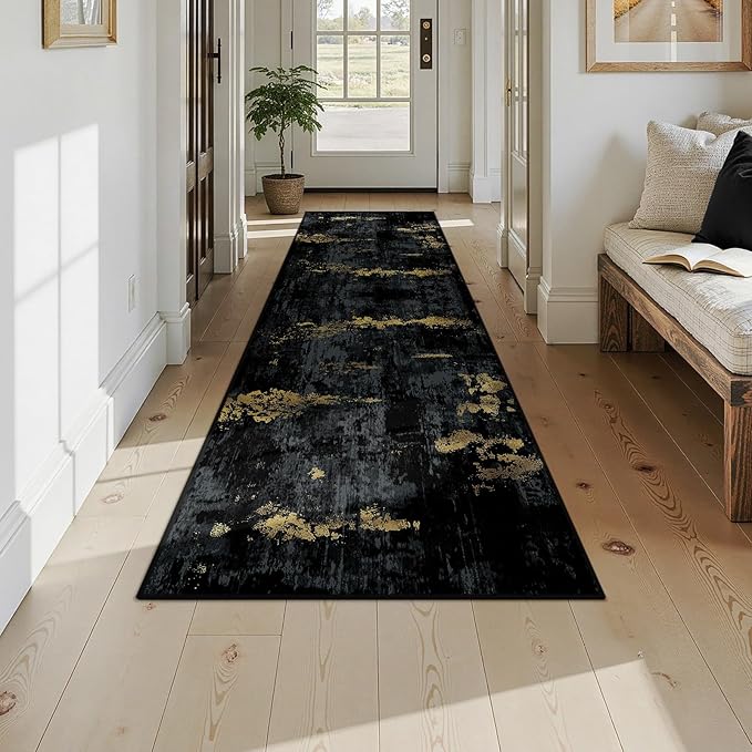 RELEANY Washable Area Rugs 2'6"x10 Non-Slip Modern Abstract Soft for Living Room Entryway Bedroom Nursery, Print Pattern, Dark Black Gold