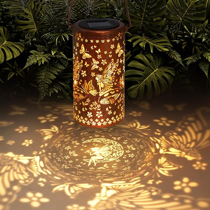 DIBIEECN Mothers Day Gifts for Mom, Birthday Gifts Grandma Ladies Solar Lanterns Outdoor Hanging Hollowed-Out Metal Waterproof LED Garden Decor Outside for Patio Yard Porch, Fairy, 1 Pack
