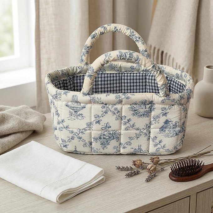 Mini Boho Fabric Storage Baskets – Decorative Small Floral Organizer Boxes with Soft Handles, Holds Cosmetics, Jewelry, Socks