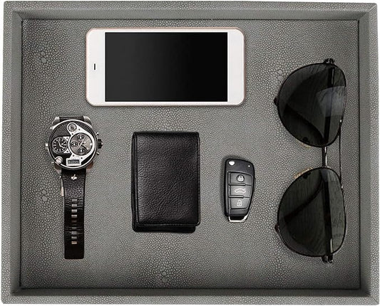 HofferRuffer Decorative Desktop Organizer Tray, Bathroom Vanity Tray, Storage Jewelry Perfume Dresser Tray, Catchall Tray for Change Coin Key, 10.2 x 8.4 x 1.8 inches (Dark Grey Faux Leather Shagreen)