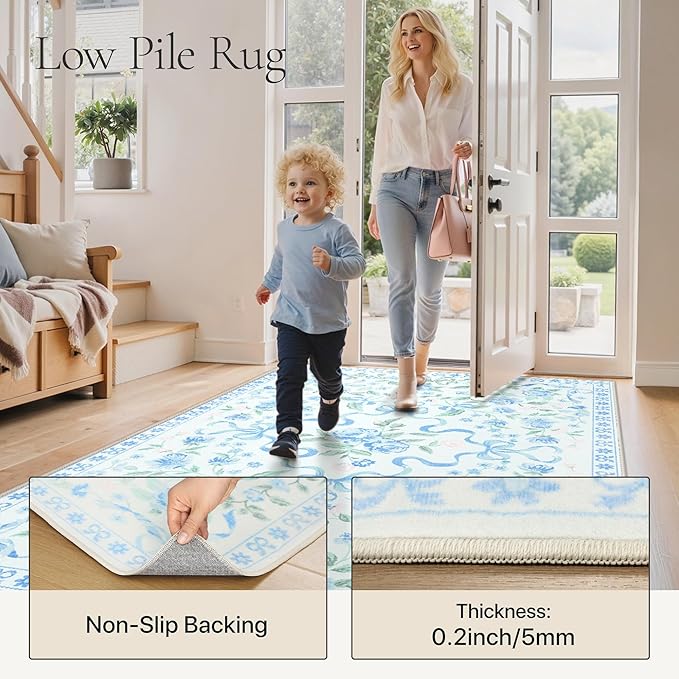 GENIMO 3X5 Washable Vintage Area Rugs for Living Room, Non-Slip Low Pile Chenille Print Rug, Soft Rugs for Bedroom Dining Room Home Office, Pastel Blue