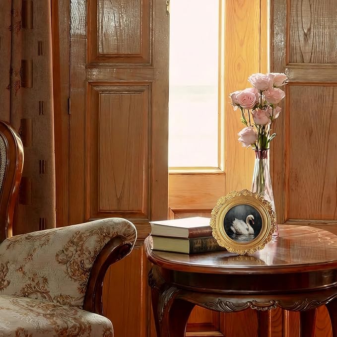 Small Vintage Swan Round Picture Frame Wall Decor, Dark Goose Gold Mini Ornate Photo Frame for TableTop Desk 2.7in Photo, Rustic Framed Artwork for Walls Office Bedroom Shelf