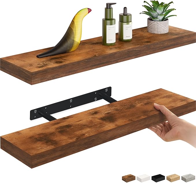 Ballucci Floating Shelves, 24" Wood Wall Shelf Set of 2, with Invisible Brackets for Bathroom, Living Room, Bedroom, Kitchen, Nursery, 6" Deep, Rustic Brown