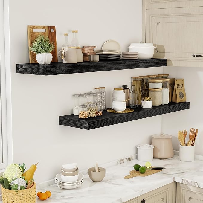 Acovy 55 Inch Floating Shelves, 12" Deep Floating Shelf Wall Mounted, 55" Wall Shelves, Rustic Deep Bookshelf, Extra Deeper & Thicker Display Shelves for Bedroom, Living Room, Black, Set of 2