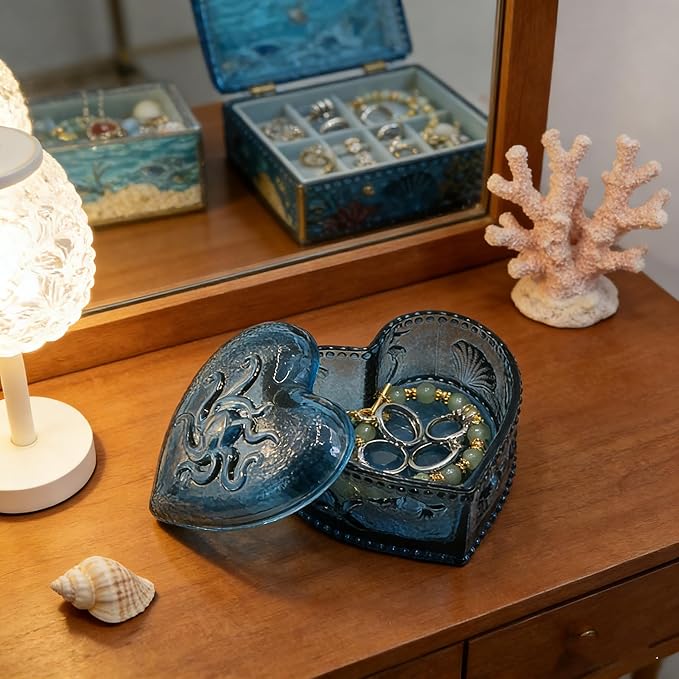 Glass Jewelry Box Heart Shape Cute Box for Storage Ring Earring Trinket Vintage Jewelry Organizer Decorative Gift for Women Girls-GRB021-Navy