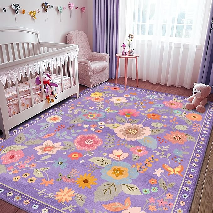 RELEANY Floral Nursery 4x6 Area Rugs Washable Print Boho Cute Carpet Non Slip Flower Low Pile for Living Room Kids Girls Playroom Bedroom Kitchen Office Farmhouse-Purple/Pink/Multi
