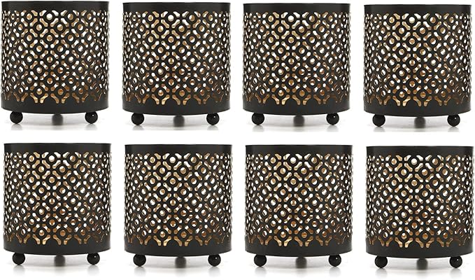 Hosley Bulk Buy Black (Gold Inside) Metal Jar Holder Candle Sleeve Set of 8-4.5" High. Votive, Tea Light Lanterns Ideal Gift for Weddings, Parties, Spa and Aromatherapy O6