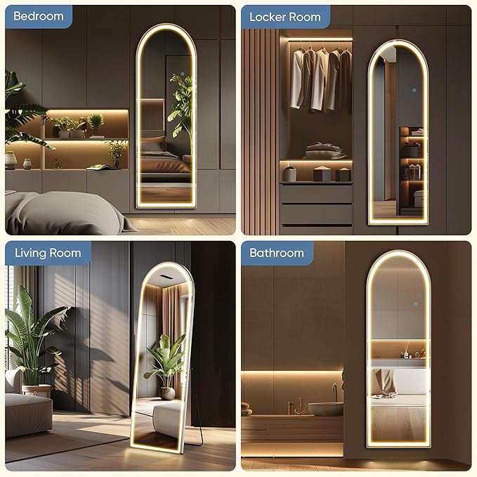 DUMOS Arched Full Length Mirror with Light - 20"×63" LED Floor Standing Mirror with 3 Color Lights & Wall Mounted for Bedroom, Dressing Room, Living Room, Bathroom