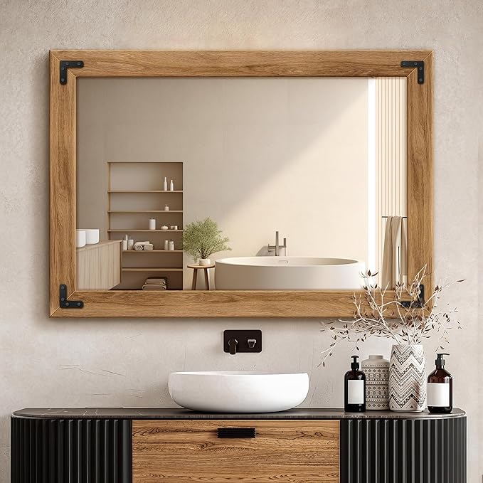 TRAHOME Full Length Mirror with Wooden Frame, 40"X28" Solid Wood Standing Floor Mirror for Farmhouse, Bathroom, Bedroom Decor, Hanging or Leaning Wall-Mounted