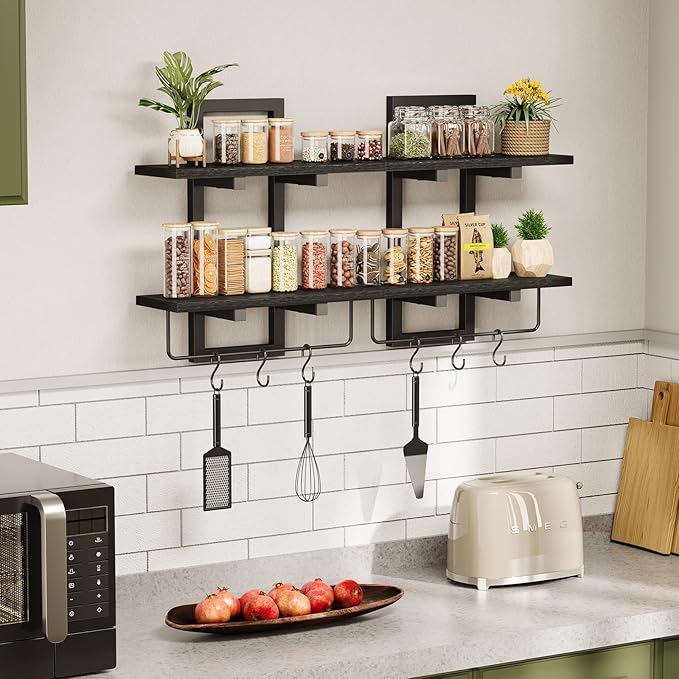 Creso hom Floating Shelves, 15" Wall Shelf Set of 2, Hanging Bathroom Shelves 2-Tier, Wall Mounted Storage Shelves, for Living Room Bedroom Bathroom Kitchen Office Coffee Bar, Black