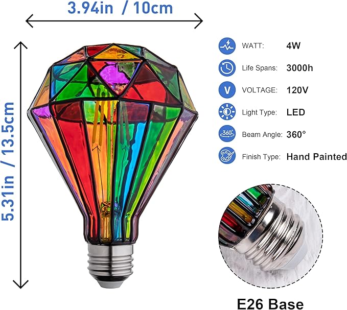 Stained Glass Light Bulb, Rainbow Painted, Mosaic, 4W 120V, Multi Colored, Fun Romantic, Unique Decorative