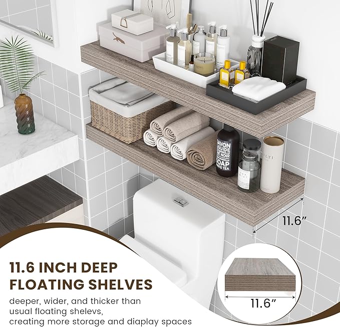 FLYJOE Deep Floating Shelves | 36 Inch Grey Floating Shelves Set of 2 | 12 Inch Deep Rustic Wood Shelves for Wall | 36" W x 12" D Grey Shelves for Living Room Bathroom Laundry Room Kitchen