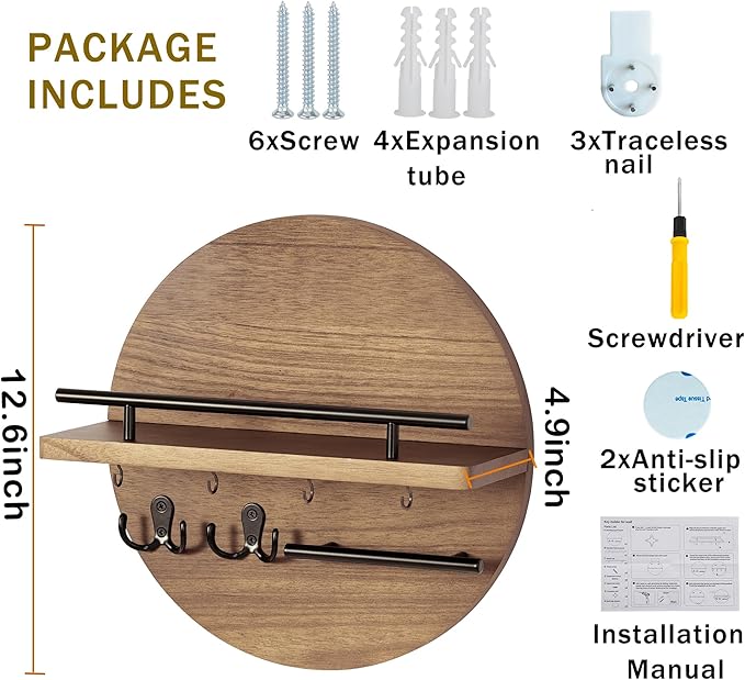 dreampossible Key Holder for Wall Decorative with Shelf and Hooks, Mail Organizer Wall Mount with Sunglasses Holder, Circular Design Entryway Key Rack Hanger, Rustic Home Decor