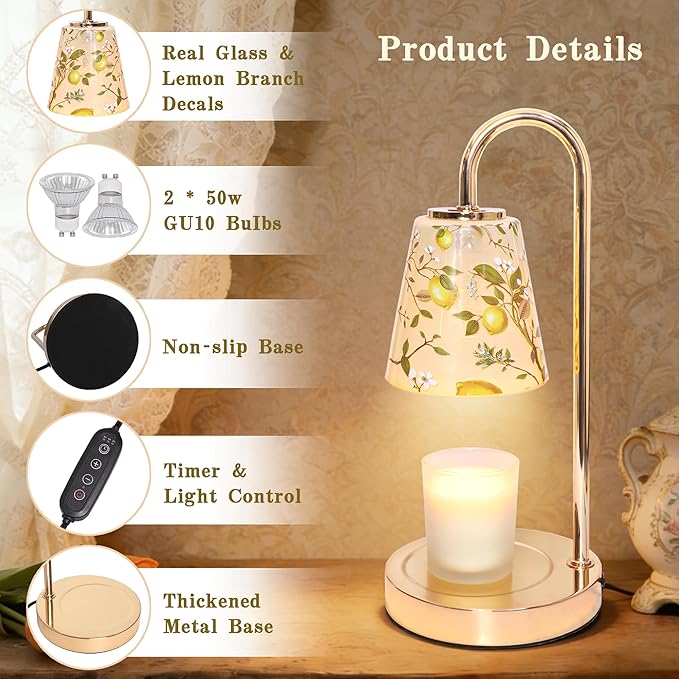 Crystal Club Lemon Candle Warmer Lamp with Timer Dimmer, 4-Level Brightness Wax Melt Warmer with 2×50W Bulbs, Candle Warmer for Scented Jar Candles Lights, Birthday Gifts for Women Mom
