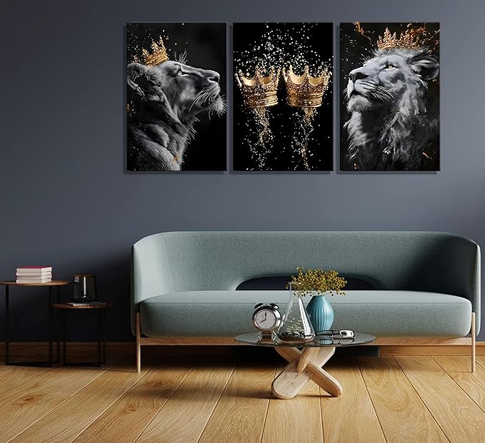 3 Pieces Framed Lion Canvas Wall Art Golden crown with lion Poster print Modern Motivational Black And White Lion Pictures Wall Decor for Living room Office Decoration
