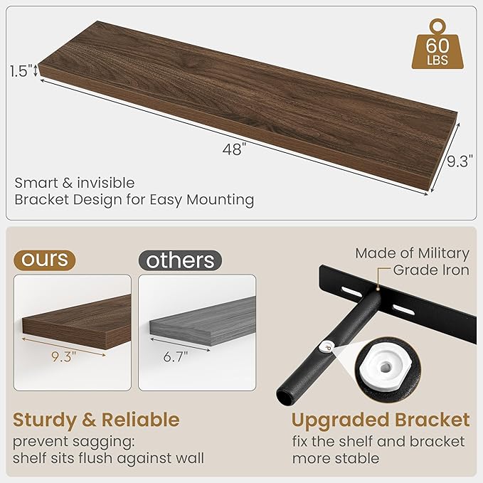 Fun Memories 48 Inch Floating Shelves, 9.3 Inch Deep Wall Shelves for Bathroom, Living Room, Bedroom, Kitchen, Deep Long Shelf Wall Mounted 1 Pack Shelf for Books, Decor, Walnut