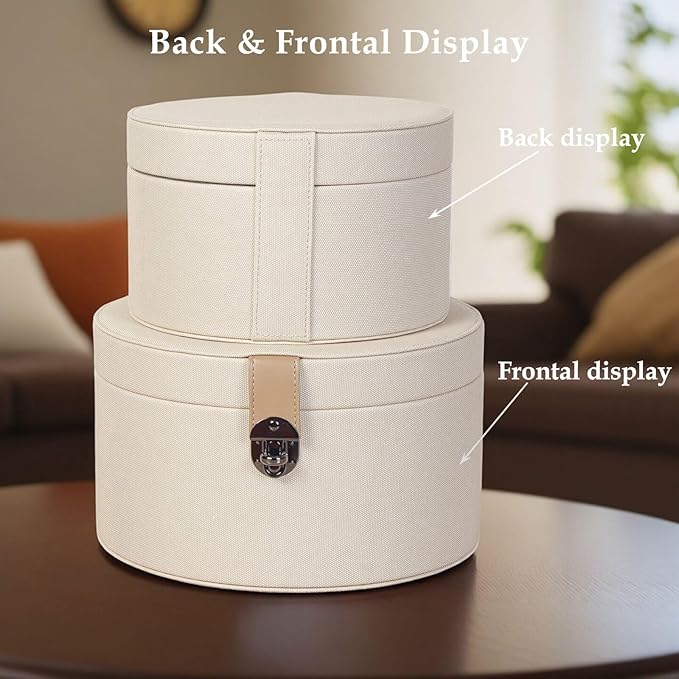 Set of 2 Round White Faux Leather Decorative Boxes with Lid for Home Decor