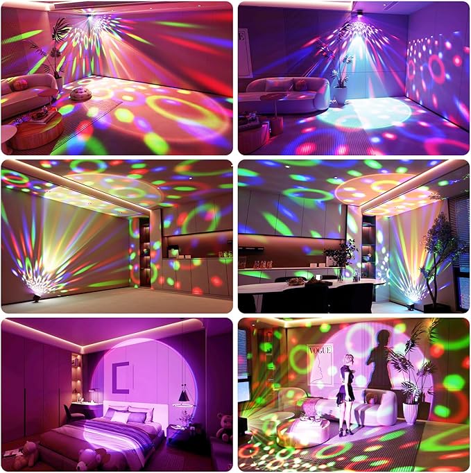 Disco Ball Party Lights Disco Light Sunset Lamp Projector with White+RGB+UV+YGB Modes LED Strobe DJ Stage Lights for TIK Tok Live Photography Parties Home Room Dance Birthday Christmas Halloween Décor