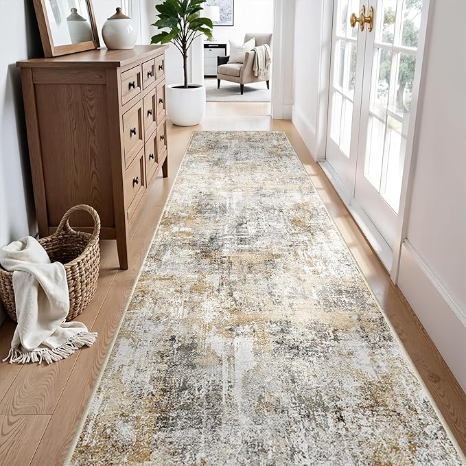 3x10 Ft Long Hallway Runner Rug - Non-Slip Washable Kitchen Runner Rug with Rubber Backing | Modern Abstract Wide Floor Carpet Runner for Indoor Entryway, Bedroom, Living Room (Gold Grey)