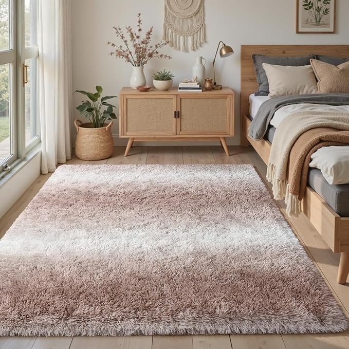 4x6 Feet Area Rugs for Bedroom,Gradient Beige Plush Fluffy Shaggy Living Room Rugs Non-Slip, Ultra Soft Carpet for Nursery Kids PlayRoom Dorm Office Indoor