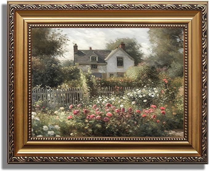 KBKBART Gold Framed Vintage Wildflower Countryside Canvas Oil Painting Farmhouse Decor, Rustic Antique Landscape Spring Decor for Bedroom Living Room, Gifts for Friends or Family (12"x16")