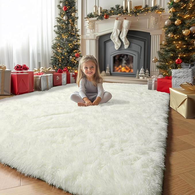 Amdrebio Ivory Rugs for Living Room Bedroom, 6x9 Soft Fluffy Area Rug for Kids Nursery, Furry Fuzzy Plush Shaggy Cream White Carpet for Classroom Playroom Home Decor, Cute Modern Thick Neutral Rug