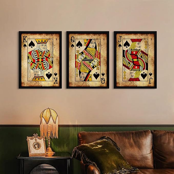 Playing Card Wall Art Poster Vintage Poker Canvas Wall Decor Retro Game Room Art Picture Joker King Queen Poster Trendy Retro Prints Vintage Poker Painting Artwork for Bedroom 12x16 Inch Framed 3Pcs