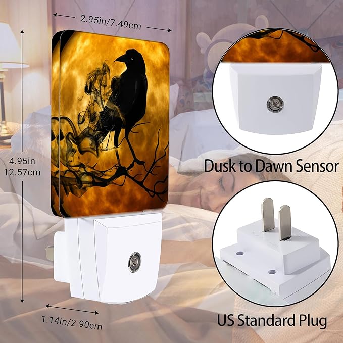 Halloween New Moon Raven Night Light Plug in Wall Lamp Smart Dusk to Dawn Sensor for Home Decorations, Kids Room Bedroom Bathroom Kitchen Hallway Gifts