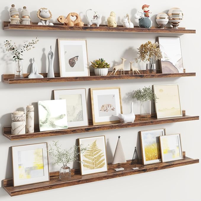 Fun Memories Picture Ledge Shelf, Floating Shelves Set of 4, 48 Inch Picture Shelves for Wall with Ledge, Large Nursery Book Shelf for Toys Storage, Living Room, Bedroom Decor Frames, Rustic Brown