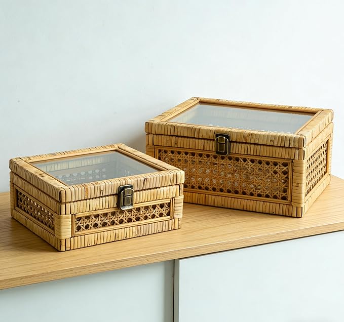 HUAXIN CRAFT H Rattan Square Box with Lid - Set of 2 Wicker Decorative Bins with Glass Cover for Display