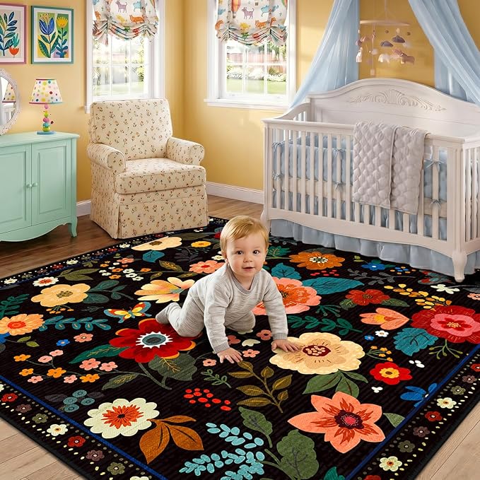 RELEANY Floral Nursery Square 4ft Area Rugs Washable Print Boho Cute Carpet Non Slip Flower Low Pile for Living Room Kids Girls Playroom Bedroom Kitchen Office Farmhouse-Black