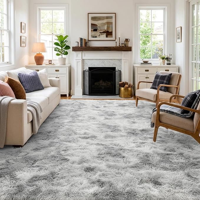 5x7 Ft Large Shag Rug for Living Room Bedroom,Tie-Dyed Ultra Soft Fluffy Furry Area Rug, Aesthetic Grey Carpet for Indoor Floor Home Decor