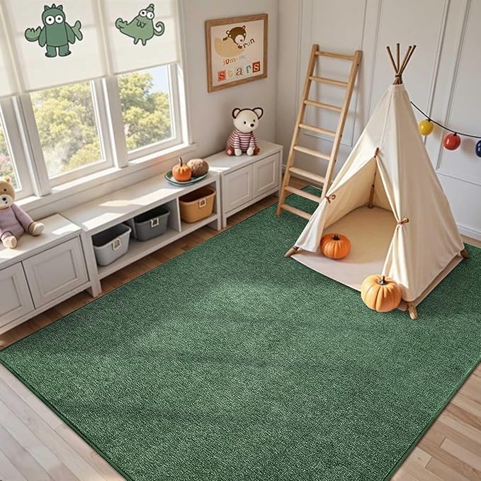 FinRèc 5x7 Washable Area Rugs for Bedroom Living Room, Low Pile Thin Rug Solid Color, Non-Slip Carpet Indoor for Home Decor (Green/White)