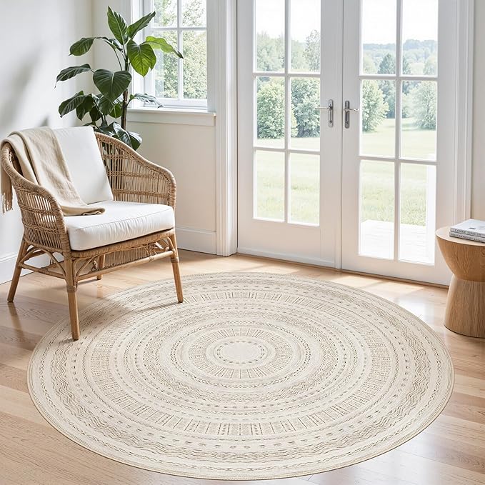 cotiled 5x5 Round Area Rug Living Room: Washable Boho Rugs with Non Slip Backing Large Soft Indoor Stain Resistant Carpet for Bedroom Farmhouse Dining Room Lightweight Home Decor Brown/Cream
