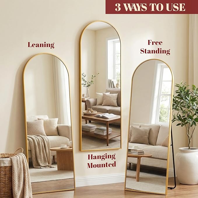 Suidia 56"x15" Arched Full Length Mirror with Stand, Full Body Mirror with Aluminum Frame, Freestanding/Leaning/Wall-Mounted, Floor Mirrors for Bedroom, Living Room, Entryway, Dressing Room, Gold