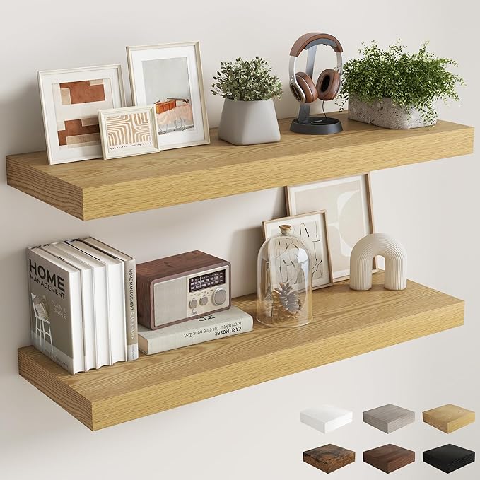 Fun Memories 12 Inch Deep Floating Shelves, 40 x 12 Floating Shelves for Wall Set of 2, Extra Deeper Hanging Wood Wall Shelves for Bedroom, Living Room, Kitchen, Oak