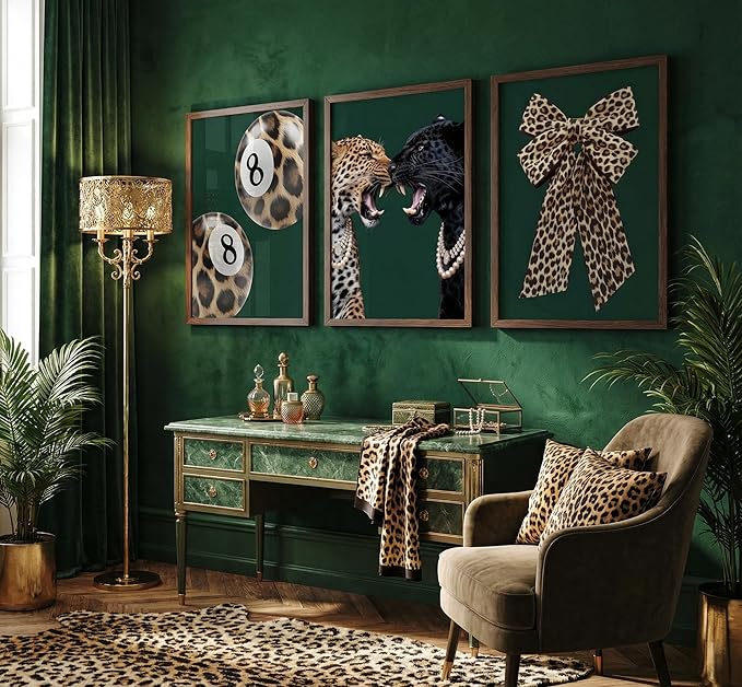 3pcs Trendy Leopard Canvas Wall Art Funky Lucky 8 Ball Posters Prints Paintings Cheetah Bows Preppy Aesthetic Pictures Wall Decor for Bedroom Dorm Living Bathroom Decoration Unframed