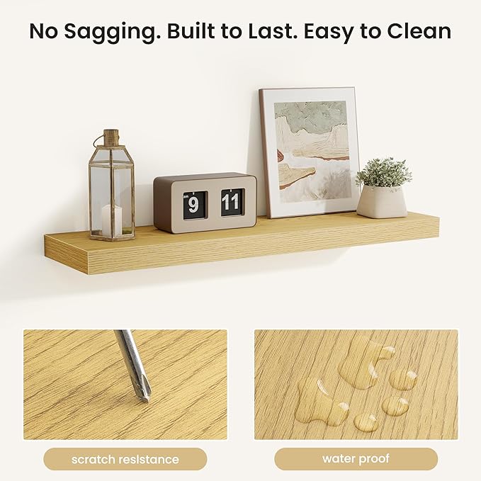 Fun Memories Rustic Wood Floating Shelves for Wall, Space-Saving Wall Mounted Shelves for Bathroom, Bedroom, Living Room and Kitchen, Stylish Storage & Display (Set of 2, Oak, 30 in)