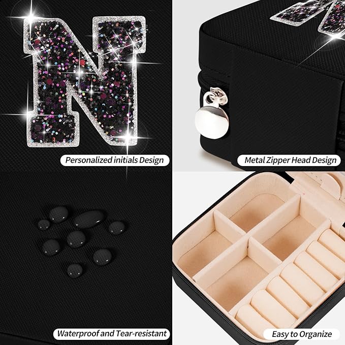 Uygafly Personalized Jewelry Case for Women Girls - Fashion Mini Jewelry Boxes - Trendy Travel Jewelry Organizer with Initials Letter - Teen Gifts | Black,N