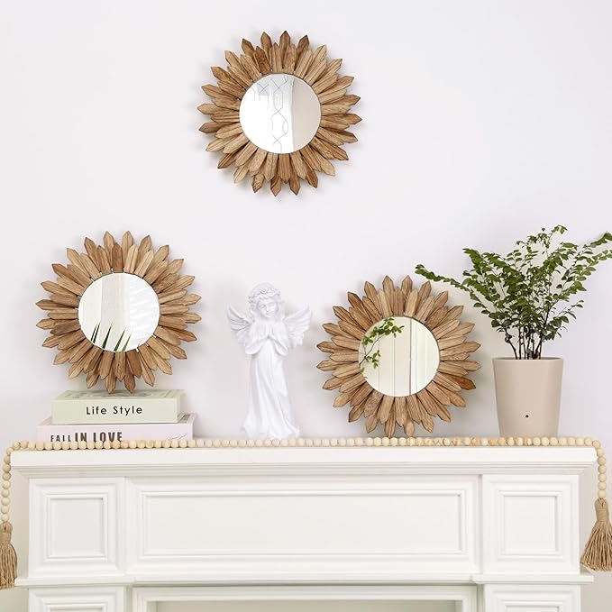 LOSOUR Boho Wall Decor Sunburst Mirror 3 Pack Rustic Round Wood Mirror 12 inch Boho Mirror Home Decor Farmhouse Room Decorations for Bedroom Living Room Entryway