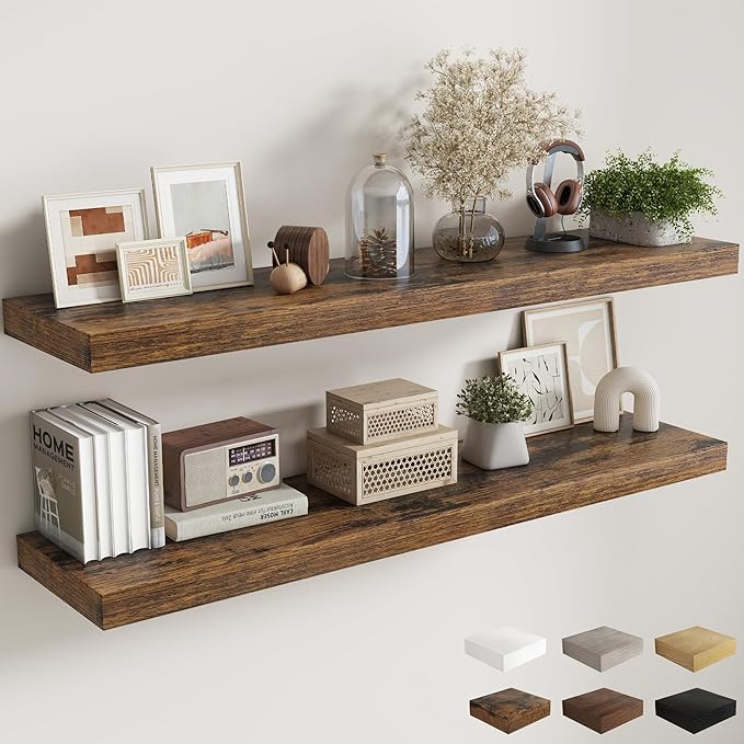 Fun Memories 12 Inch Deep Floating Shelves, 60 Inch Long Extra Large Floating Shelves for Home & Office, Wall Shelves with Invisible Bracket, Rustic Brown, Set of 2