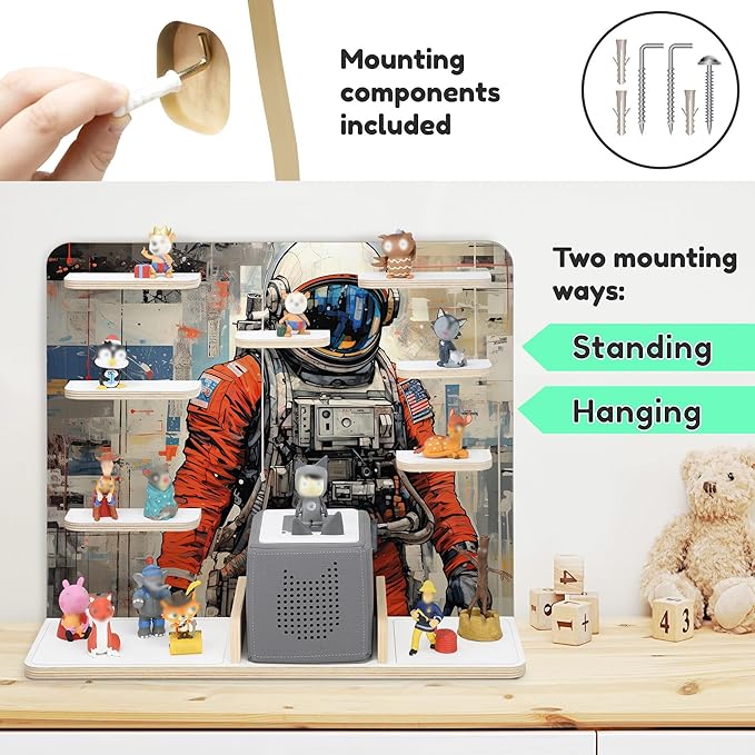 stadtecken Wooden Shelf for Music Box I Suitable for The Toniebox and ca. 50 Tonies I Perfect Storage in The Children's Room I for Setting up or Hanging (Large, Astronaut)
