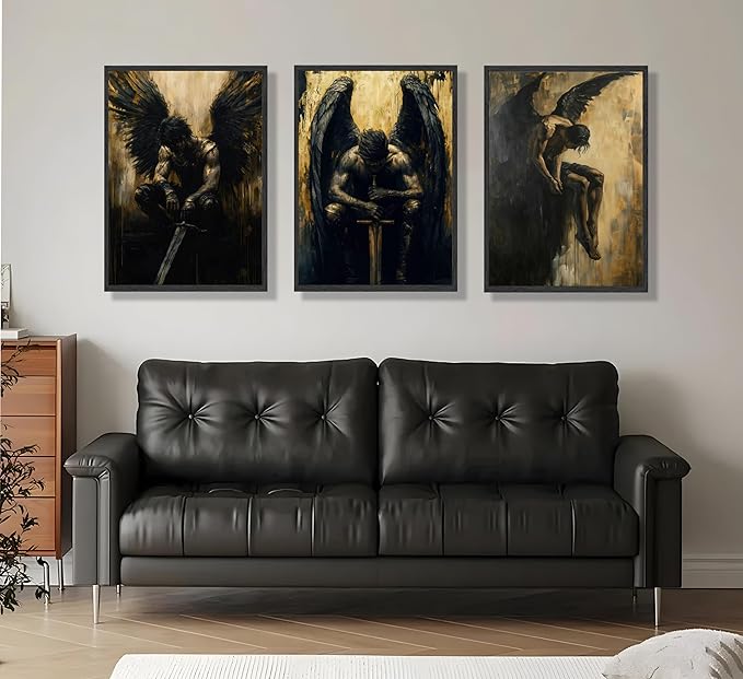 FJKLRP Gothic Dark Angel Wall Art Mural Set 3pcs Black-Winged Male Warrior Canvas Wall Decor Abstract Dark Preppy Style Poster Suitable for Living Room Bedroom and Office Unframed